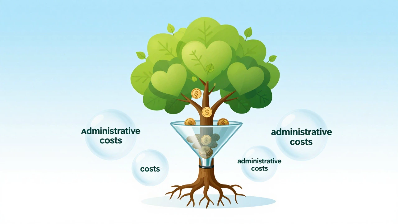 Abstract illustration of coins turning into a growing plant, symbolizing charitable efficiency