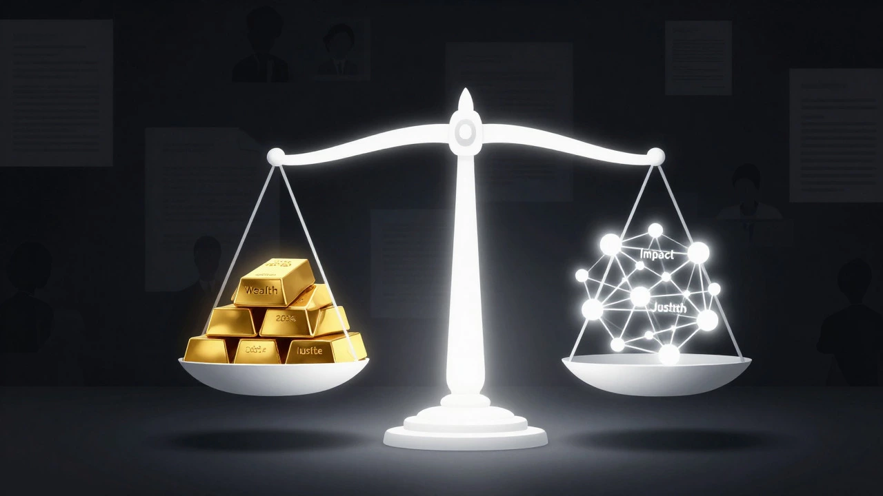 Balance scale weighing wealth against social impact
