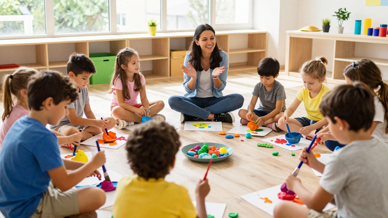 Children happily engaging in creative activities with a facilitator