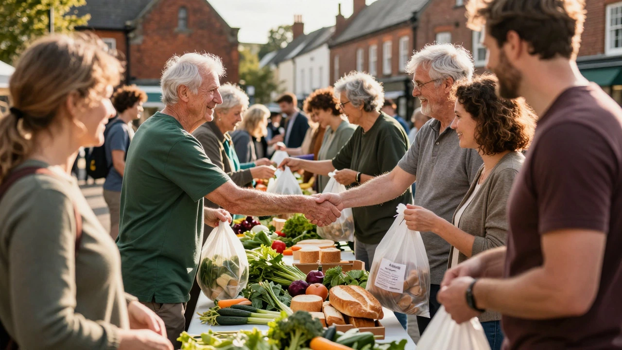 Community members receiving food donations at a local charity event in a town square