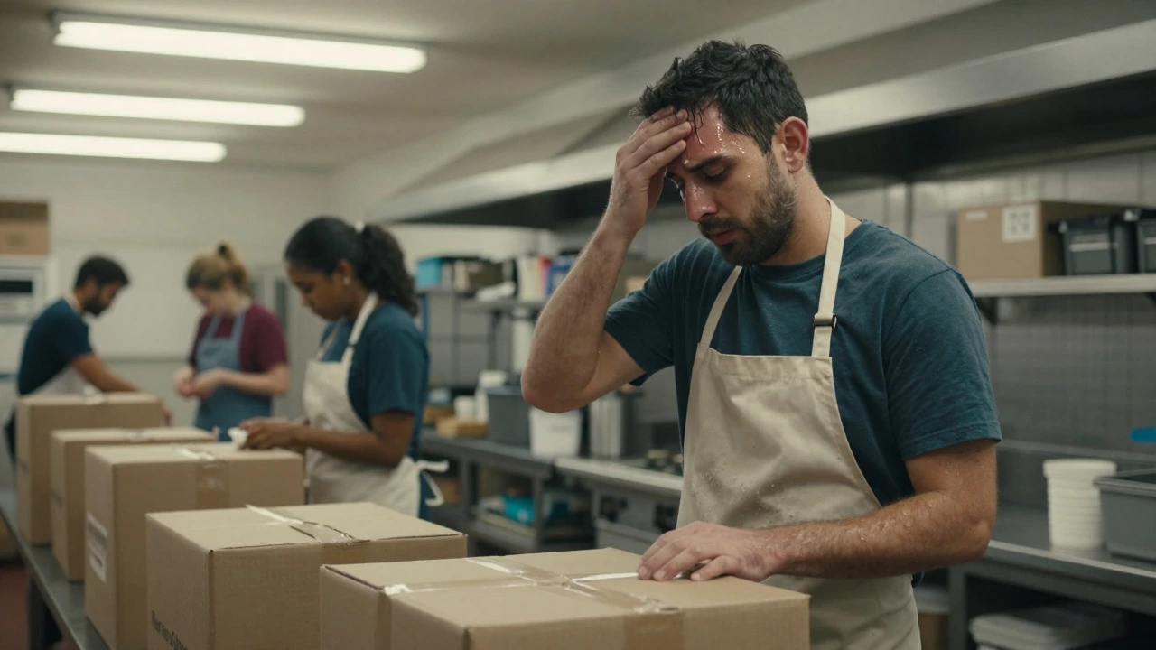 Exhausted volunteer sorting donations in busy, dimly lit warehouse