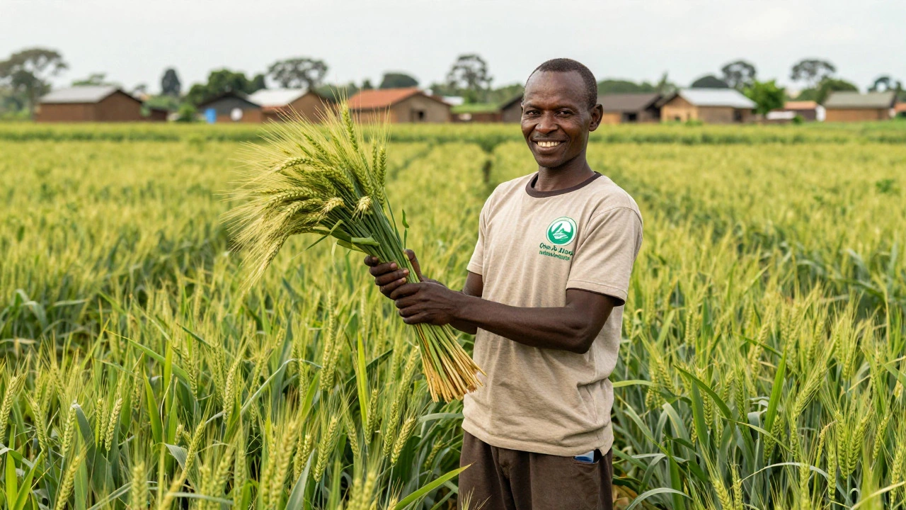 Farmer holding crops in a lush field with a mobile phone