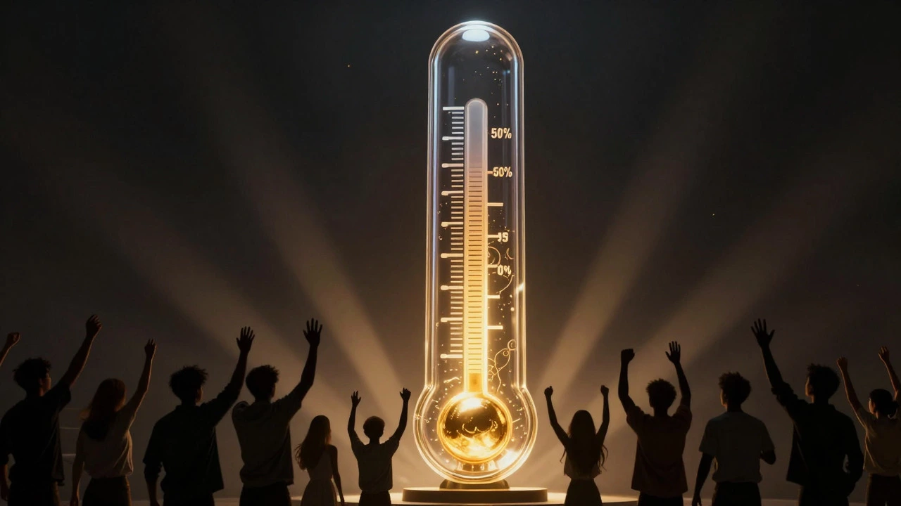 Glowing thermometer gauge filling up with donation funds