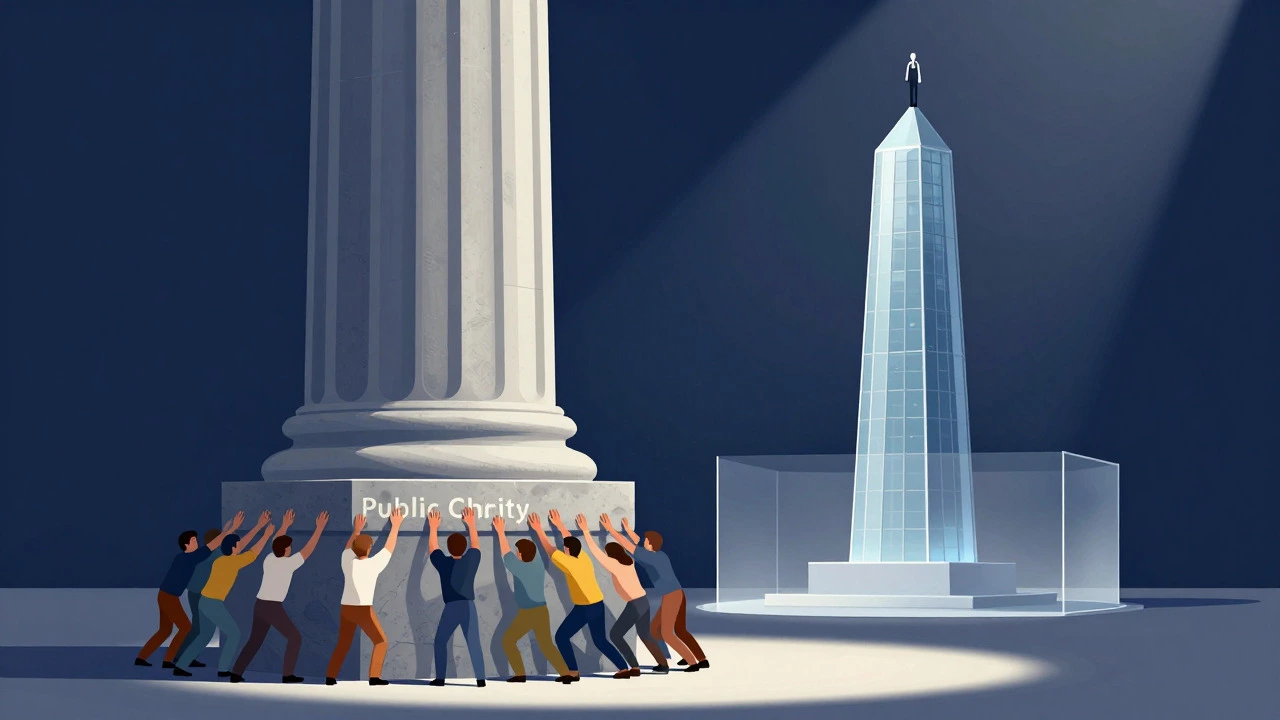 Illustration comparing a public charity pillar supported by many vs an isolated private foundation tower
