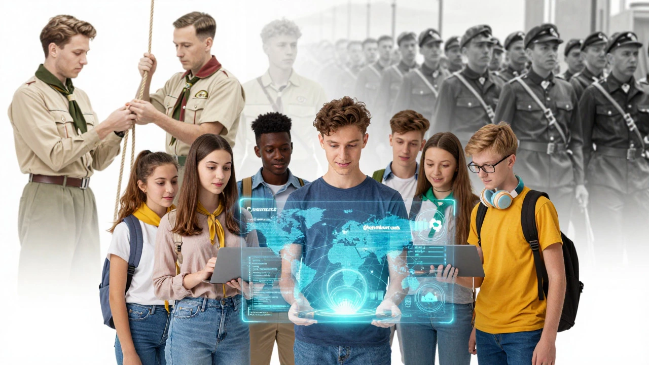 Modern teens coding and advocating, overlaid with historical youth groups