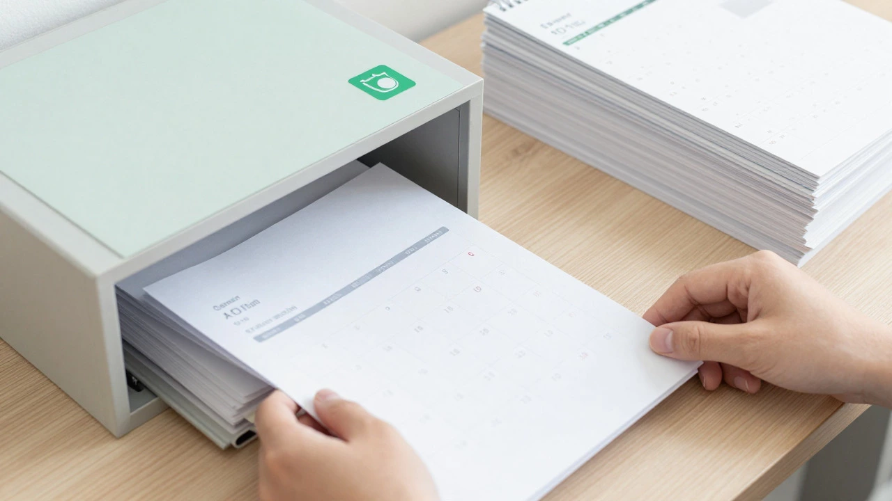 Organized workspace with a calendar and filing cabinet representing tax compliance preparation