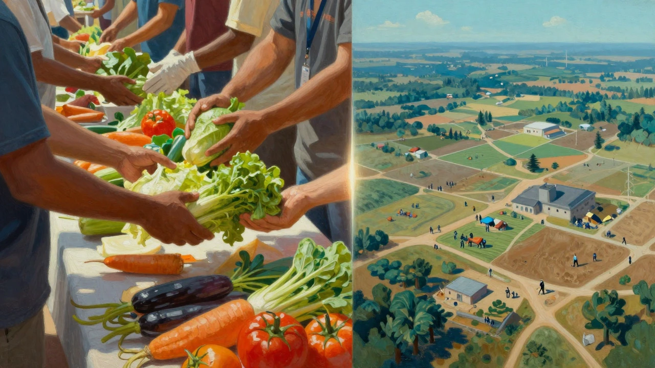 Split image showing local food bank help and global project