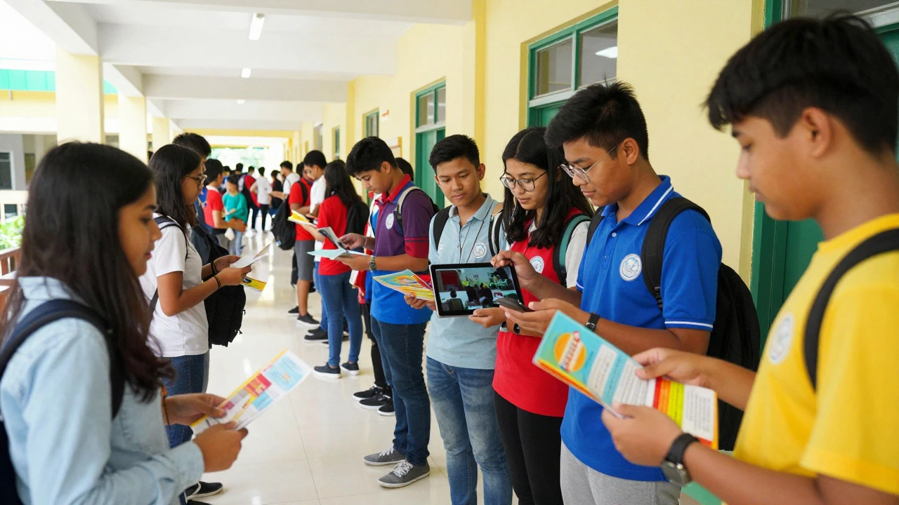 Student leaders recruiting new members in a busy school hallway