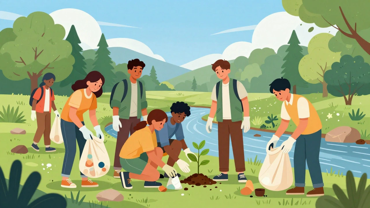 Teenagers cleaning a creek and planting trees as part of an active environmental club project.