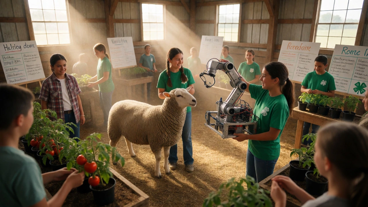 Teens presenting agricultural projects and robotics at a sunny indoor community fair exhibit.