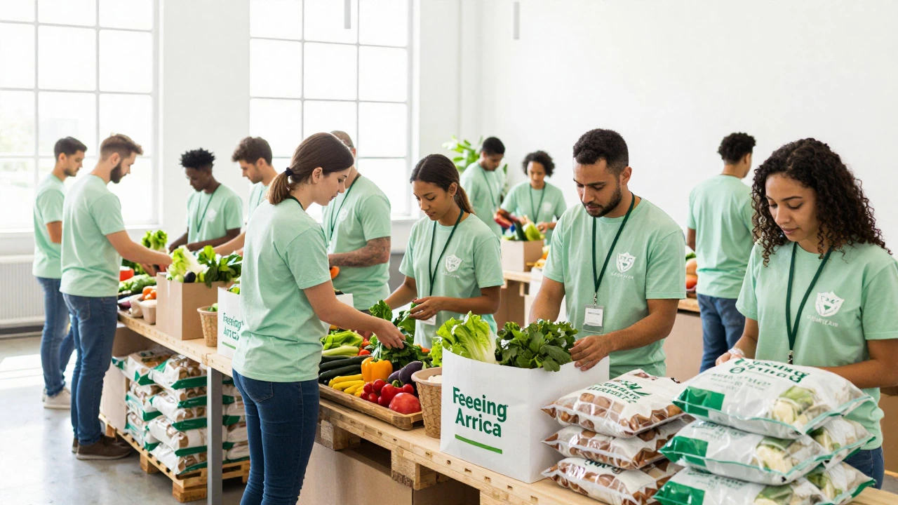 Volunteers sorting fresh food in a busy warehouse
