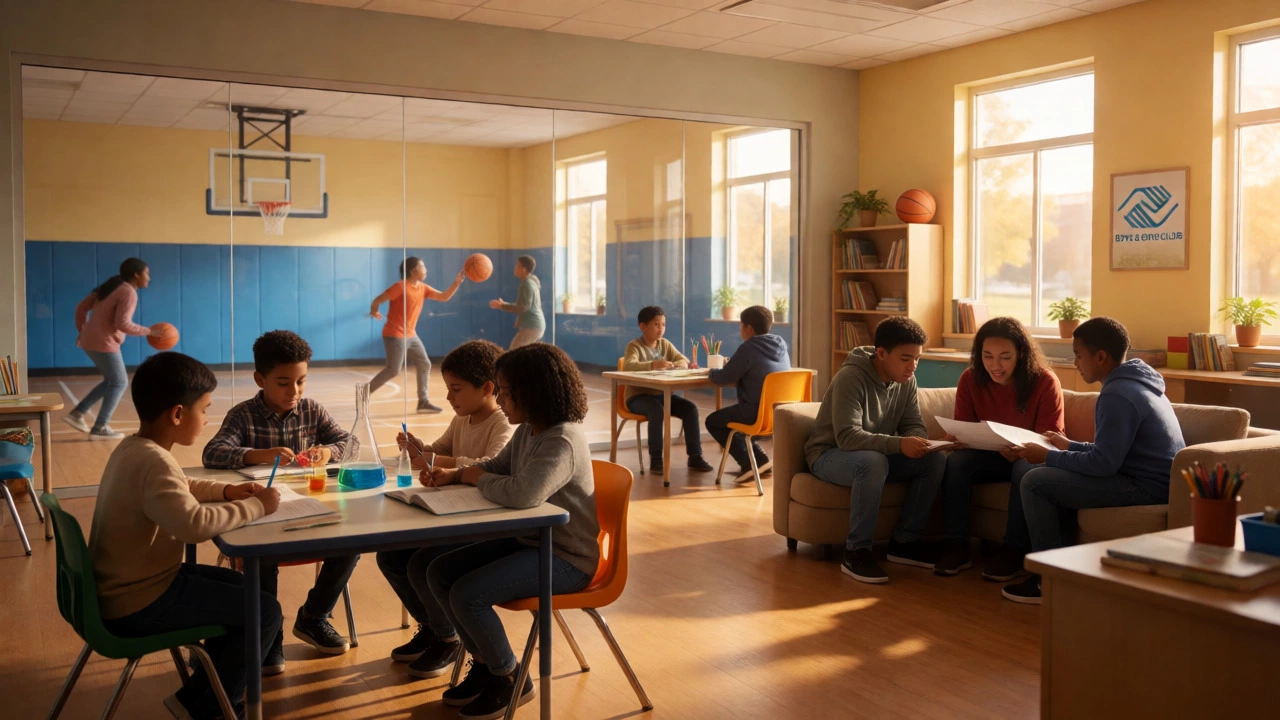 Youth studying and playing sports in a warm, welcoming after-school club environment with mentors.