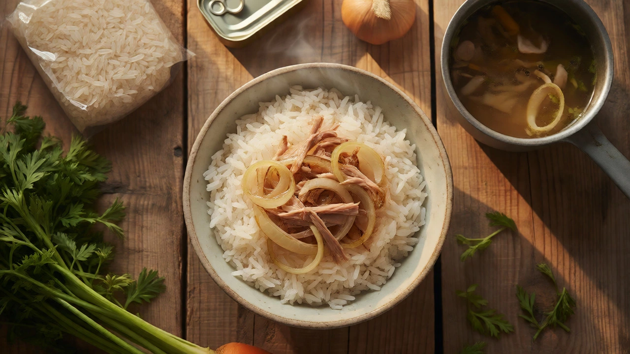 A simple meal of rice, tuna, and broth on a wooden table.