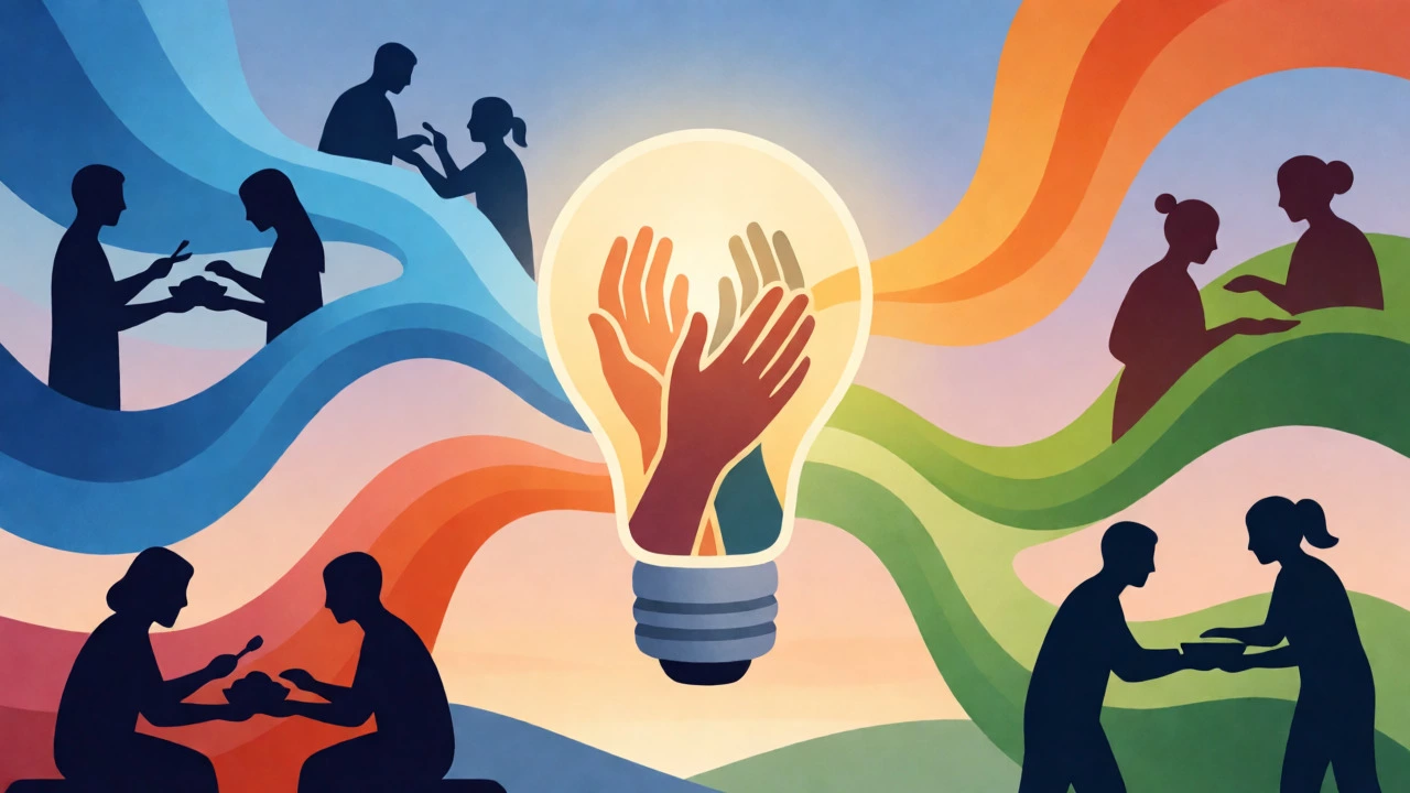 Abstract illustration of interconnected hands forming a lightbulb surrounded by supportive community figures.