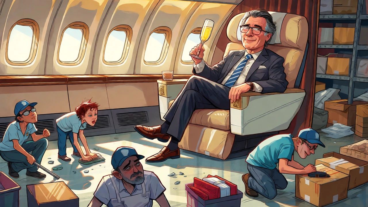 Cartoon showing a director in first class while volunteers work hard on the ground.