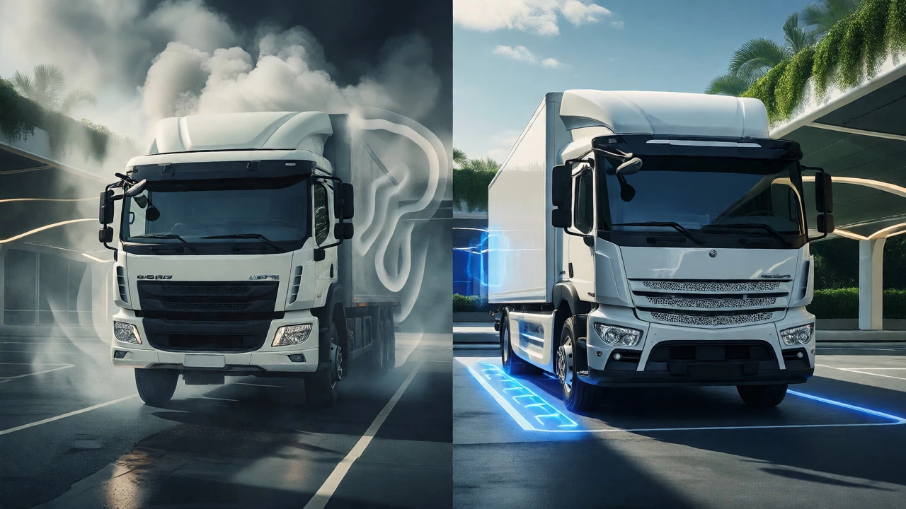 Comparison of idling diesel truck versus silent electric truck