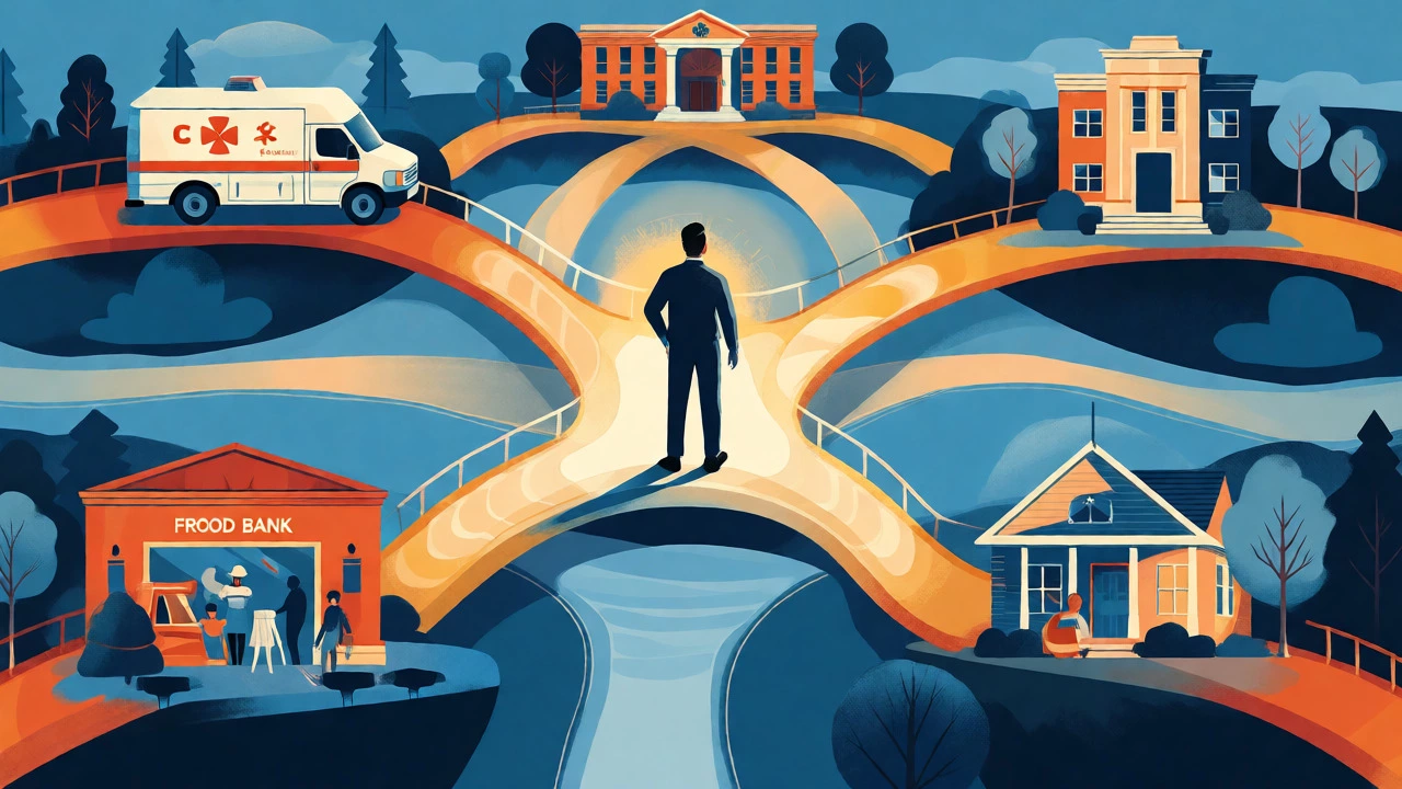 Conceptual art showing an outreach worker connecting various social services.