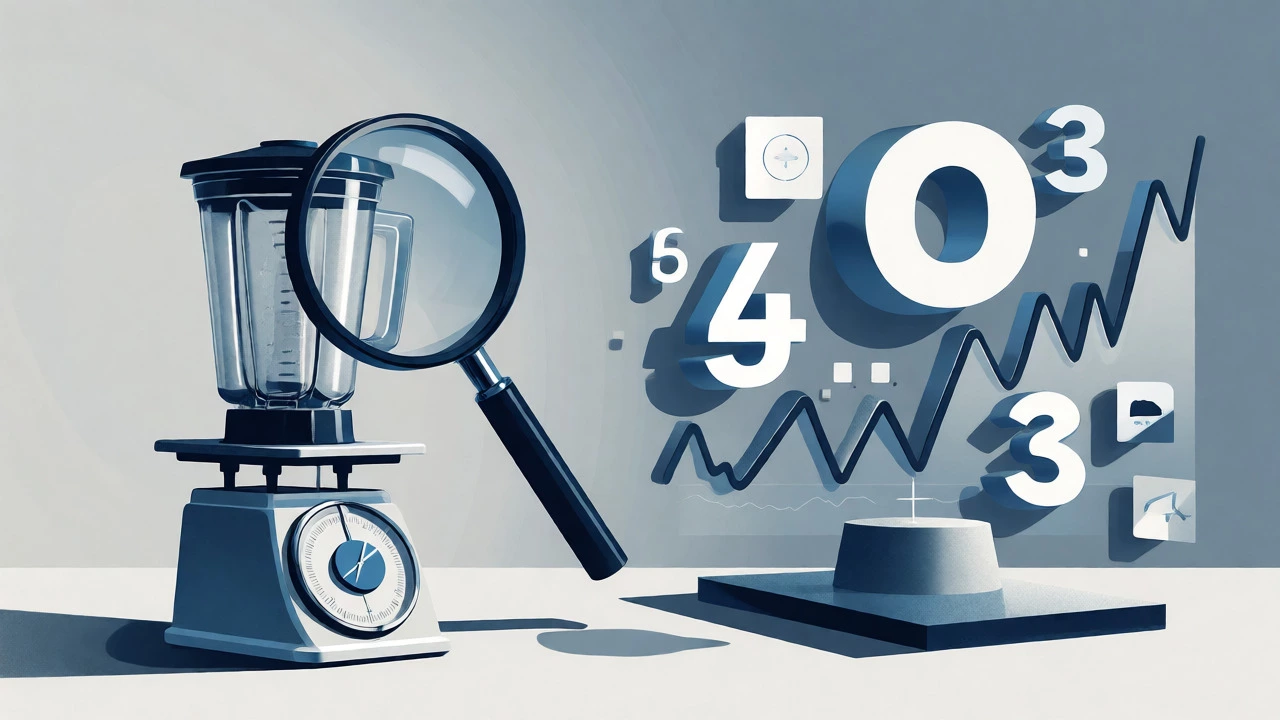 Conceptual image of a blender being valued with floating financial data