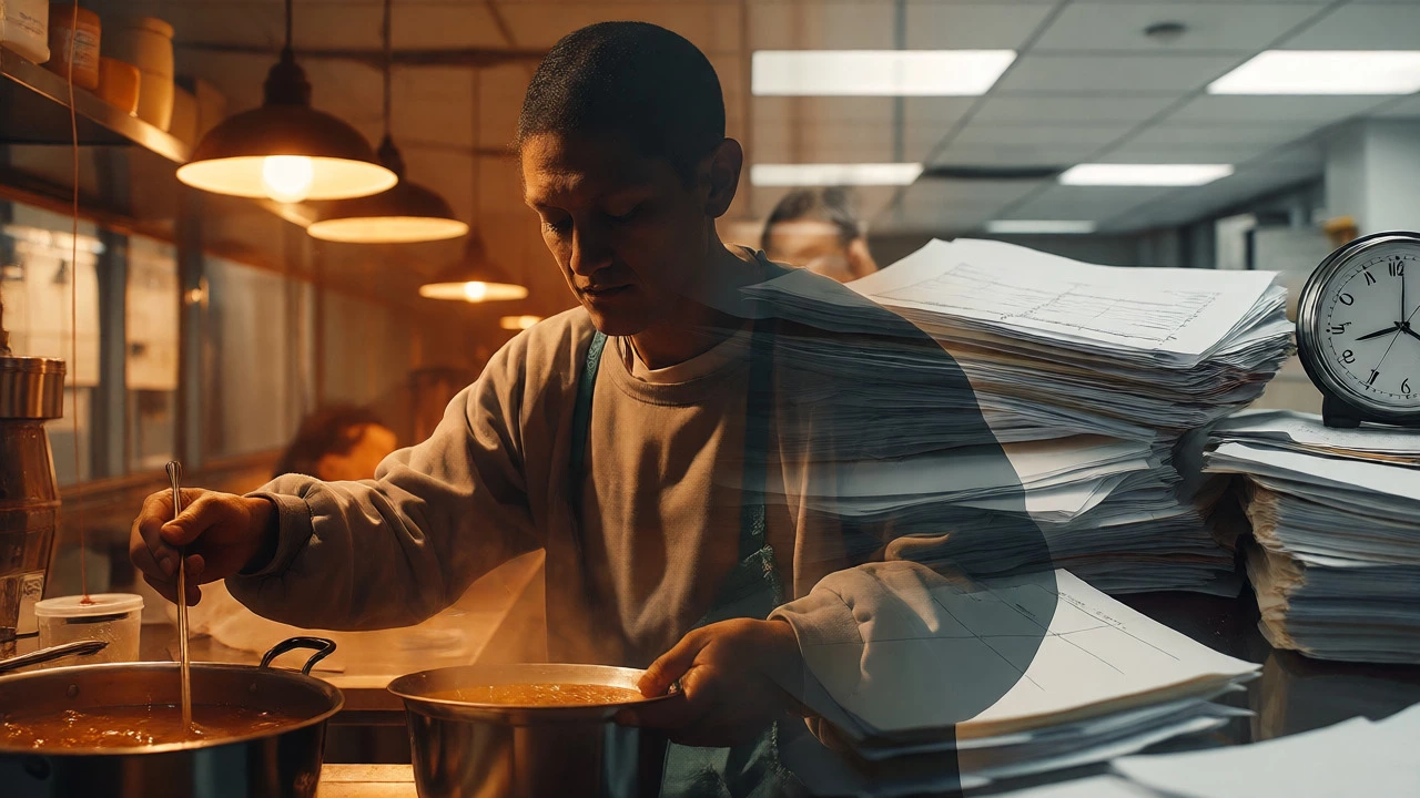 Double exposure of a volunteer serving soup overlaid with office paperwork chaos.