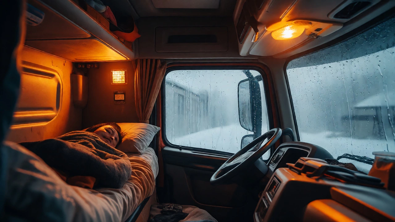 Driver sleeping in a warm truck cab while it snows outside