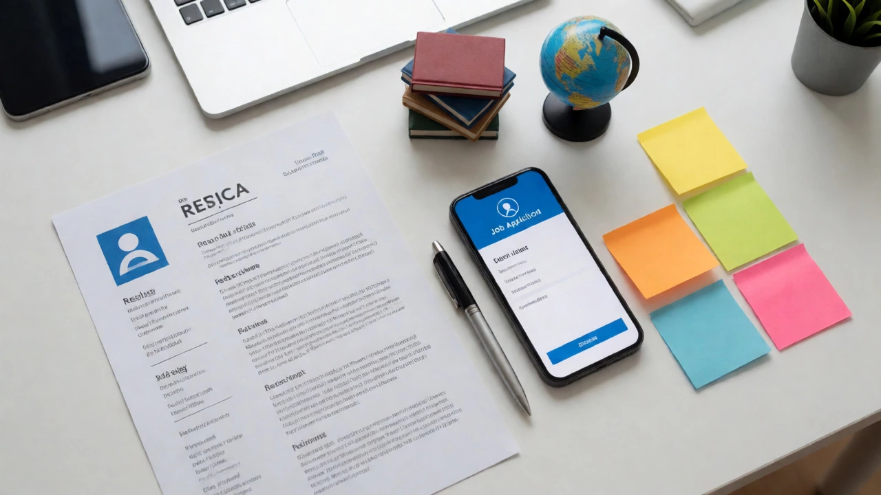 Flat-lay of a resume and skill symbols on a clean, organized desk.