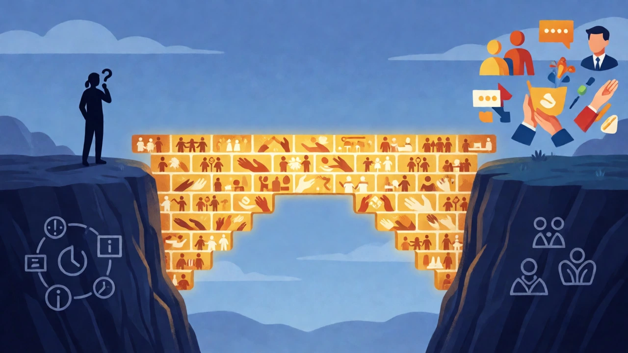 Illustration of a bridge made of volunteer acts connecting a career gap to success.