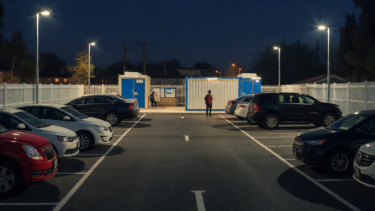 Organized safe parking lot with amenities at night