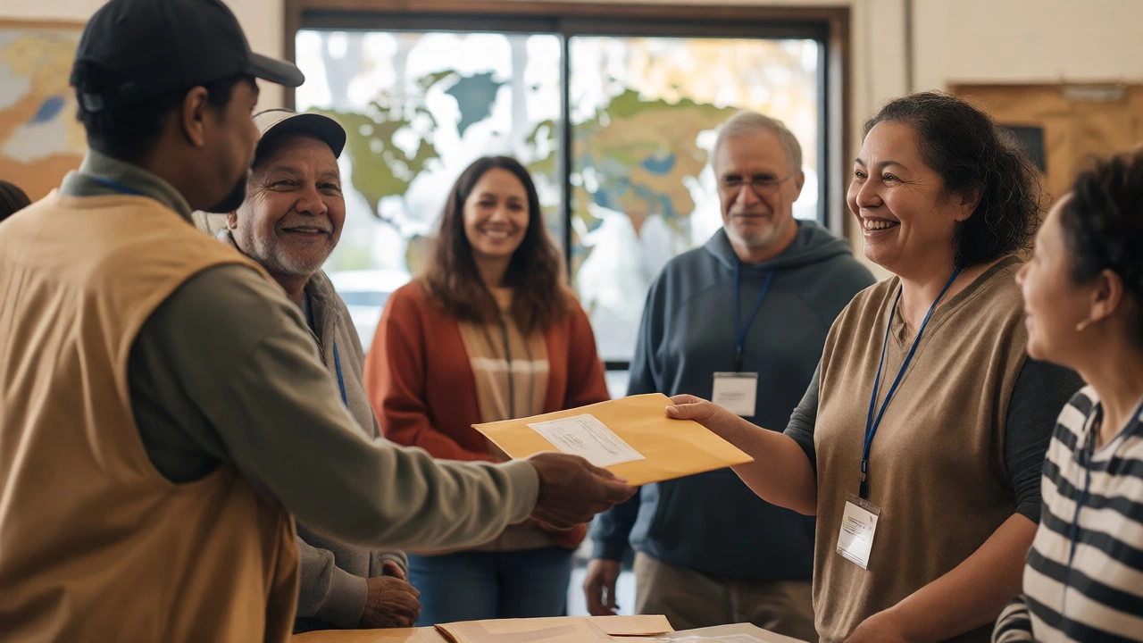 Person donating to a local volunteer with a global context in the background.