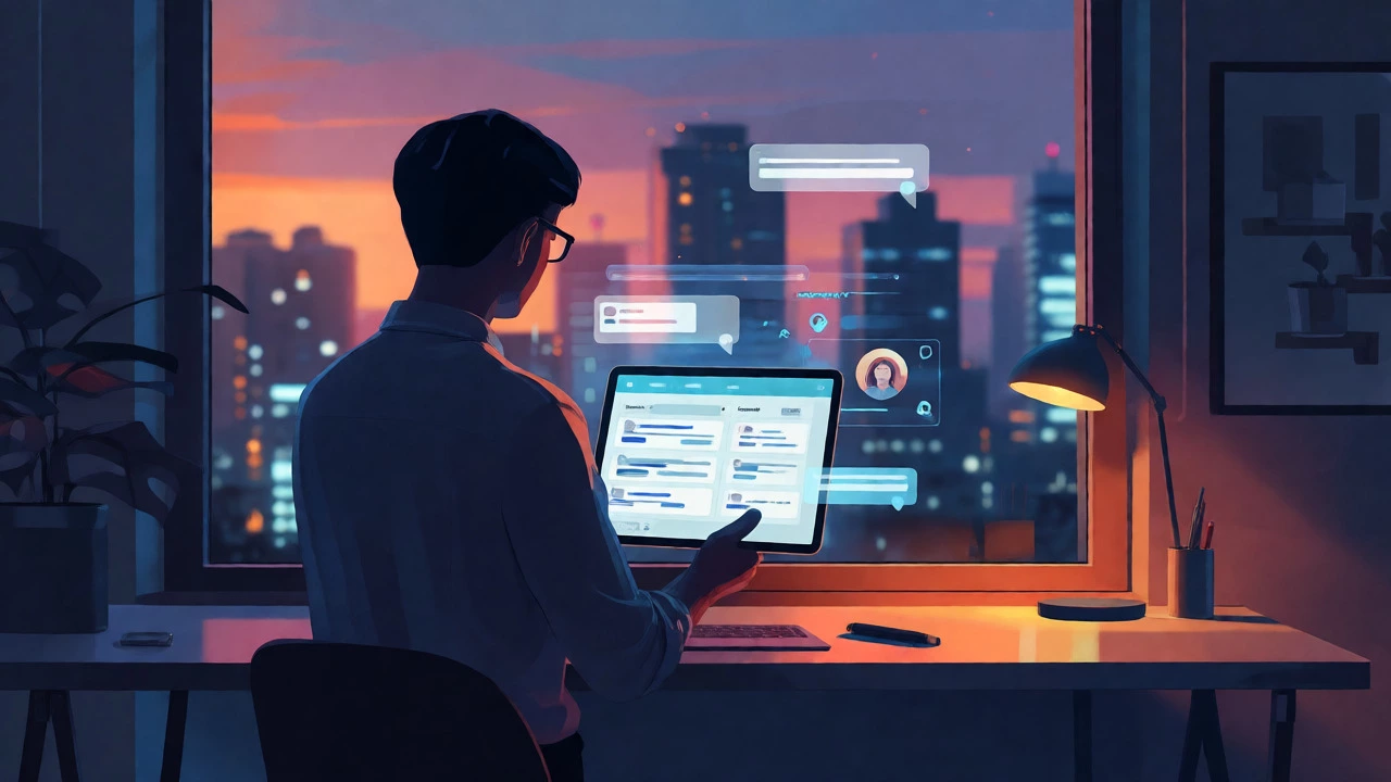 Person reflecting on completed remote volunteer projects at dusk