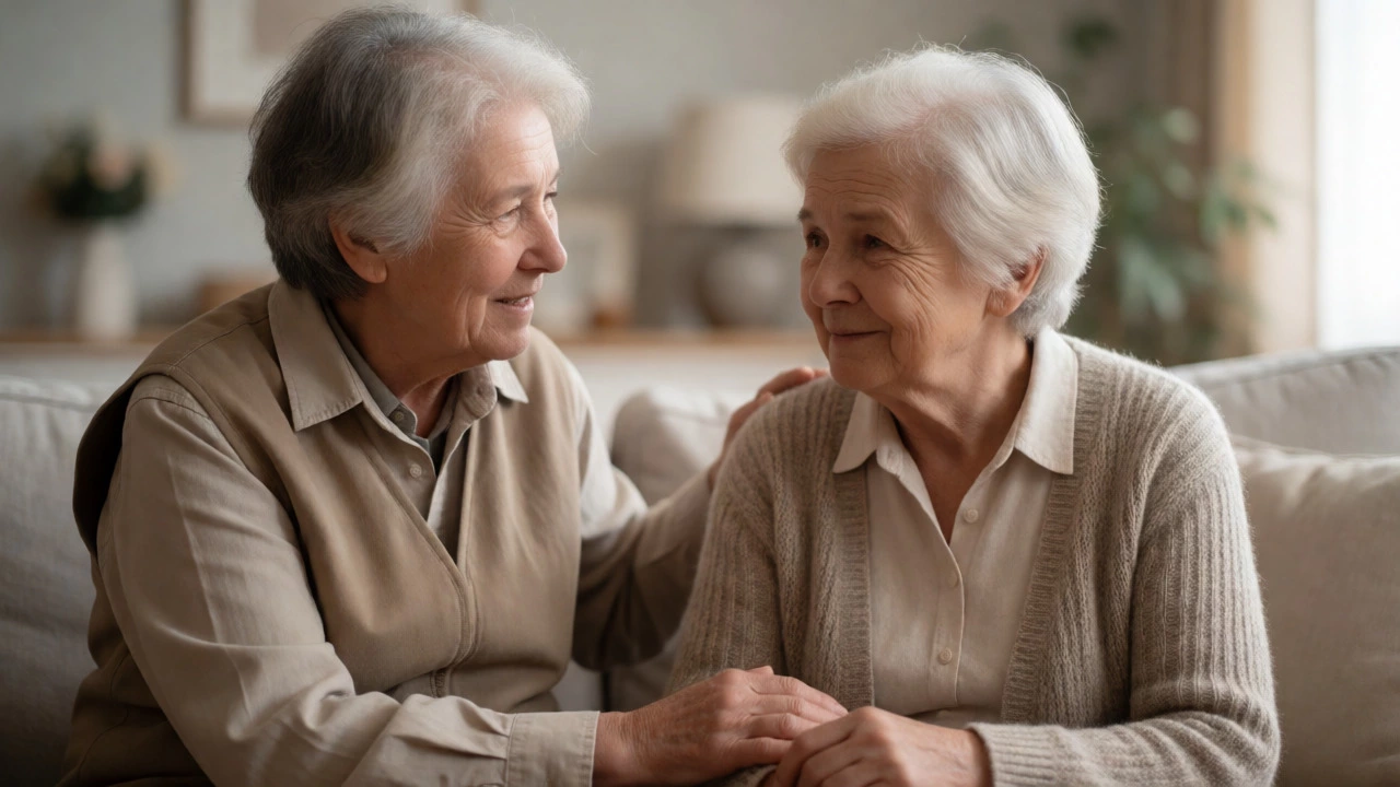 Volunteer listening empathetically to an elderly person