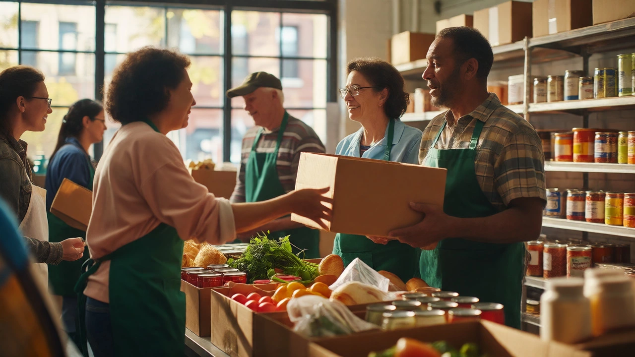 Volunteers distribute food parcels to people at a community pantry.