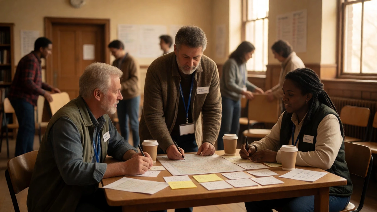 Volunteers planning a program together at a table in a local community hall.