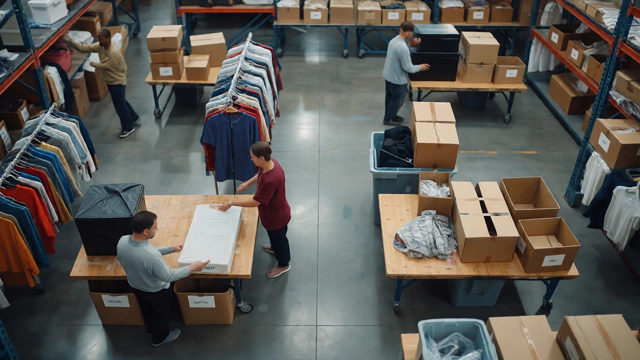 Volunteers sorting donated clothes and electronics at a charity center
