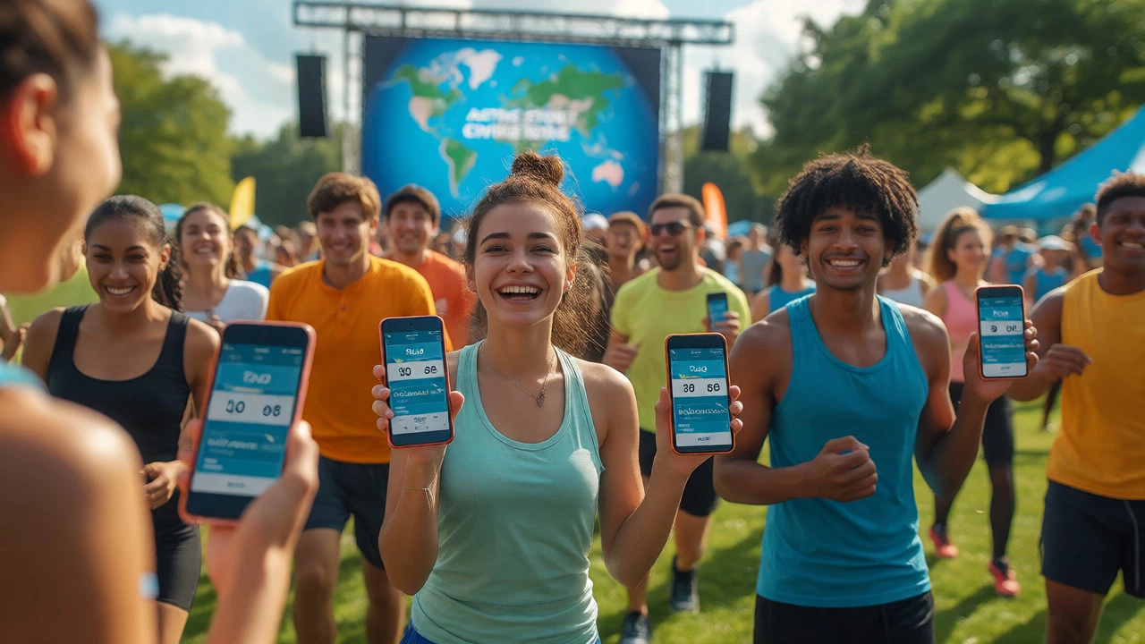 Young people using phones at outdoor charity event