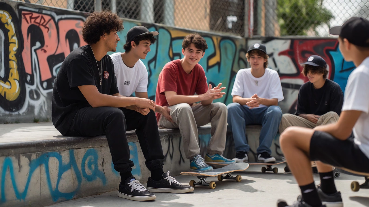 Youth outreach worker talking with teenagers at an urban skate park.