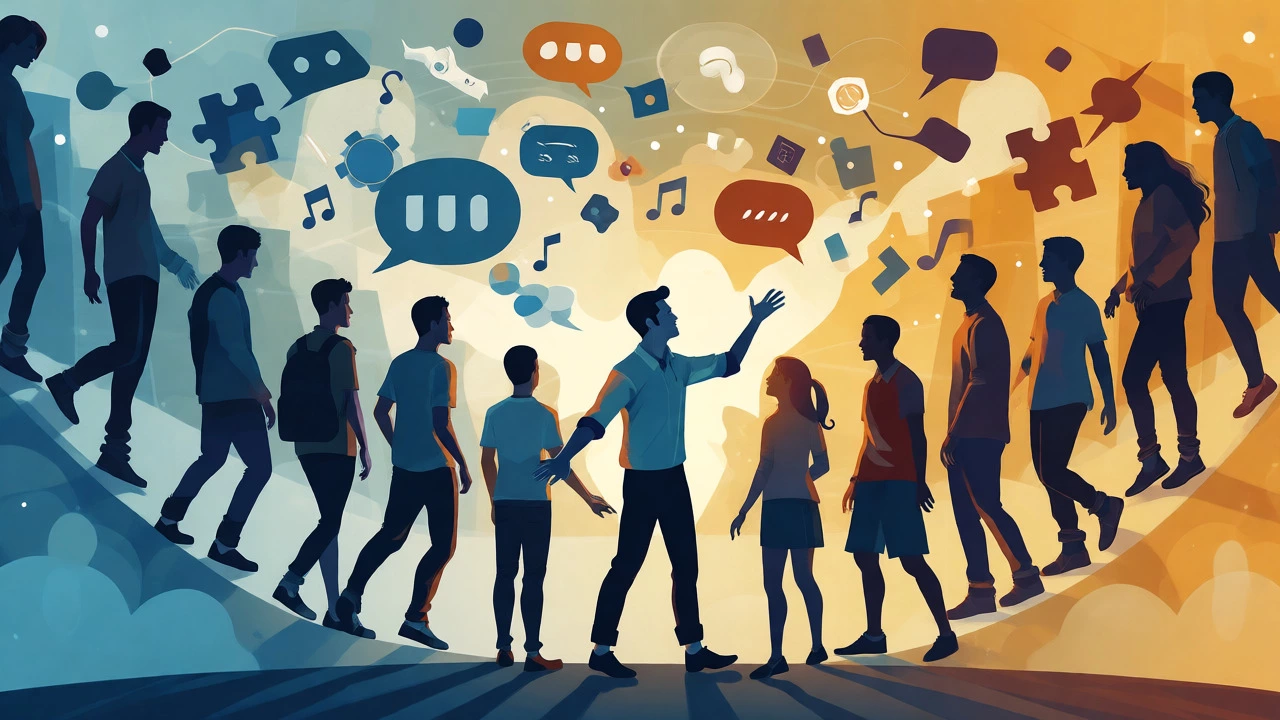 Abstract illustration of students joining a central group