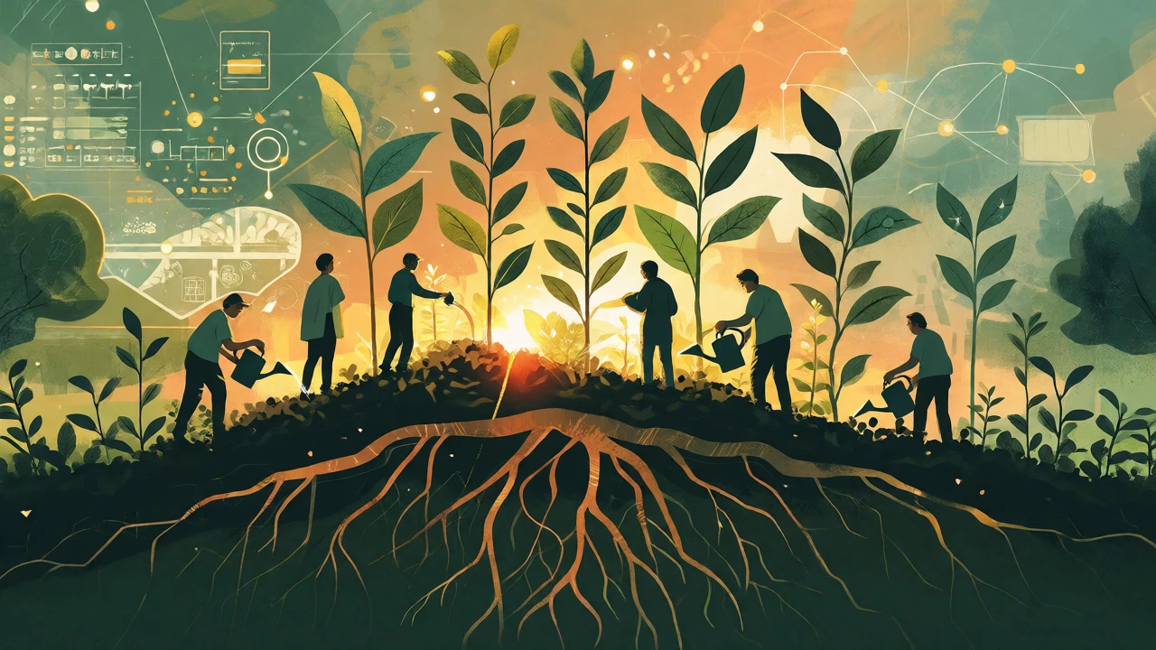 Artistic depiction of community trust growing like a garden with interconnected roots.