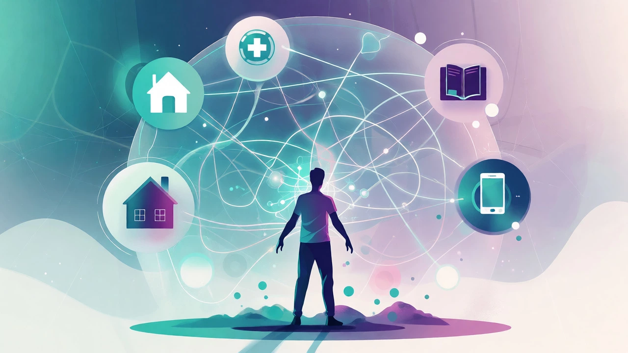 Artistic illustration of a person protected by glowing threads connecting to home, health, and digital networks.