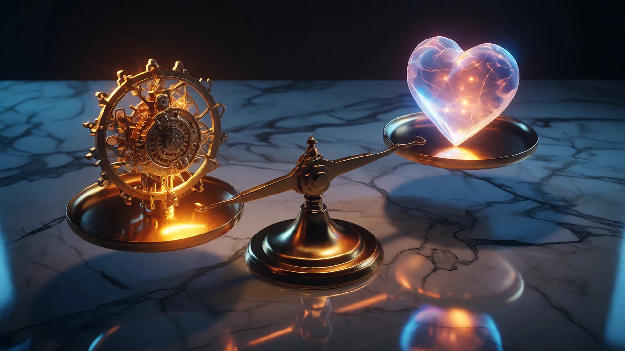 Brass scale balancing a golden clockwork mechanism and a glowing heart container