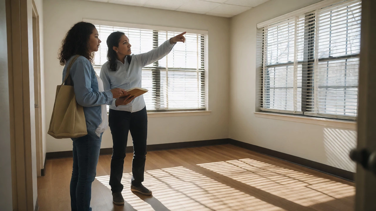 Caseworker showing a tenant around a bright empty apartment