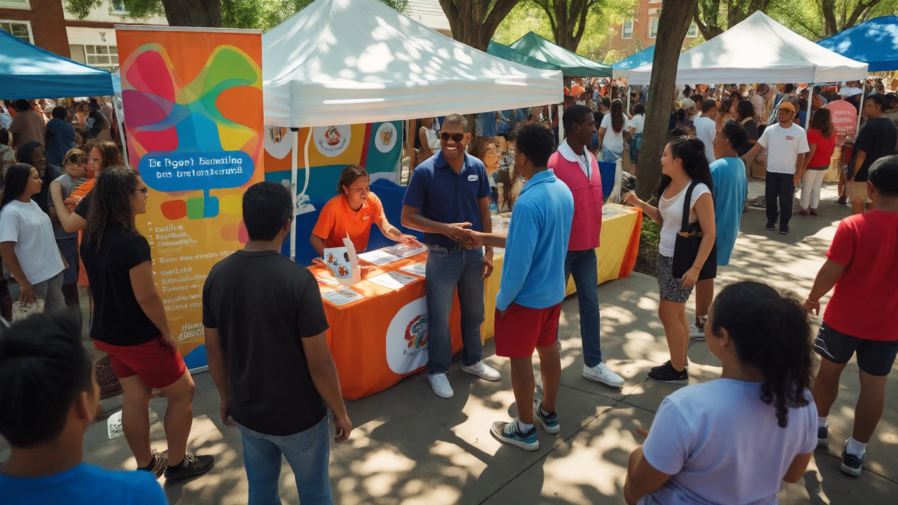Diverse community members interacting warmly with volunteers at a lively outdoor market stall.