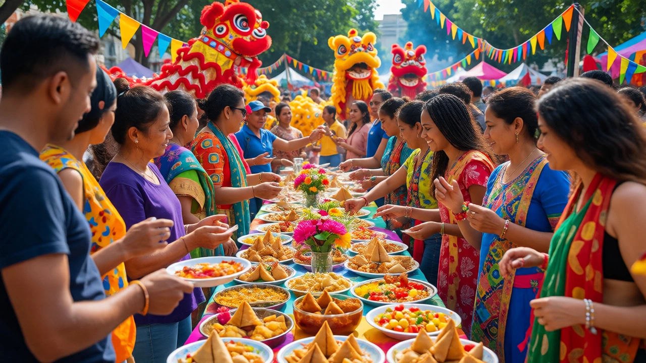 Diverse crowd enjoying food and performances at a cultural festival