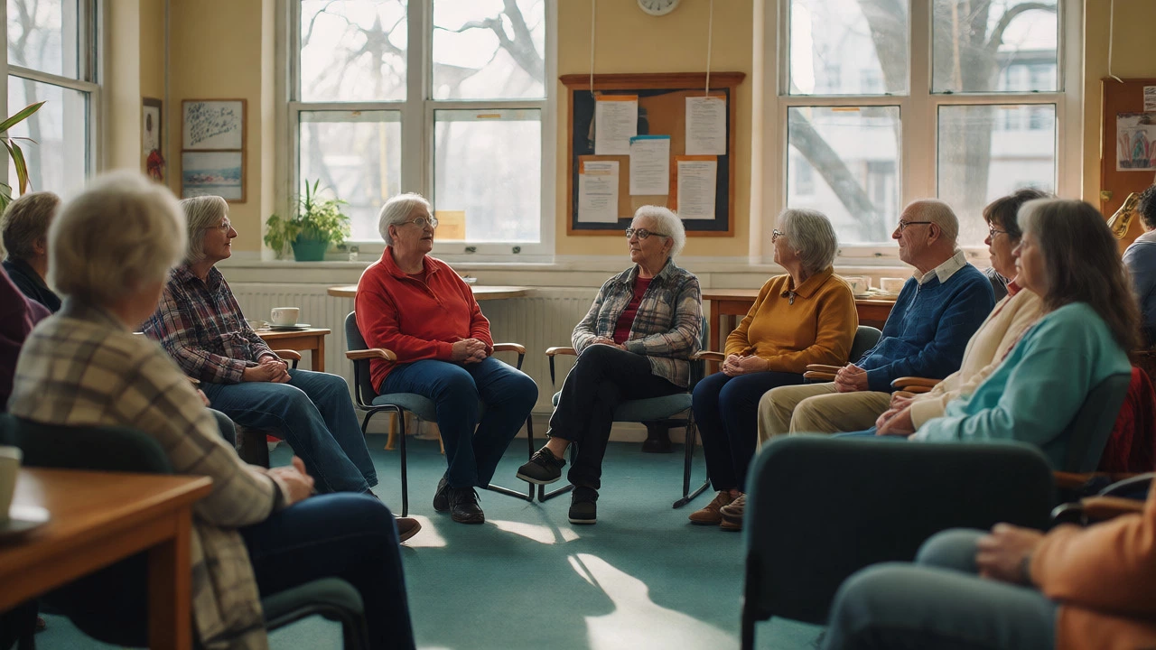 Diverse group in a circle at a community center sharing stories during a peer support meeting.