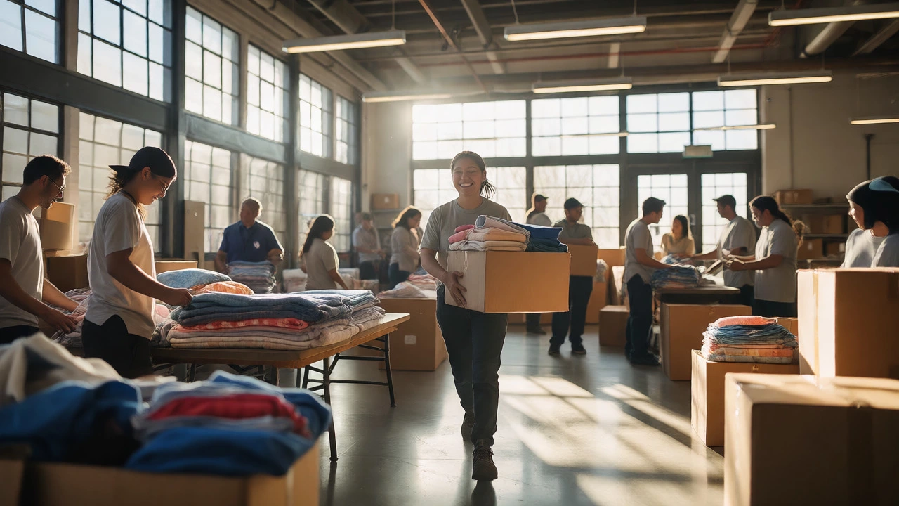 Diverse volunteers sorting donations in a sunlit community warehouse.