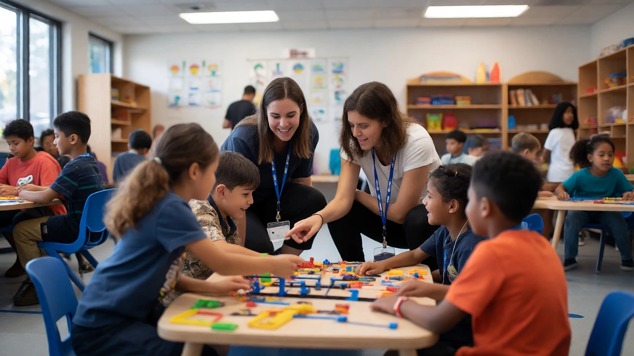 Educators engaging with children in a collaborative building activity