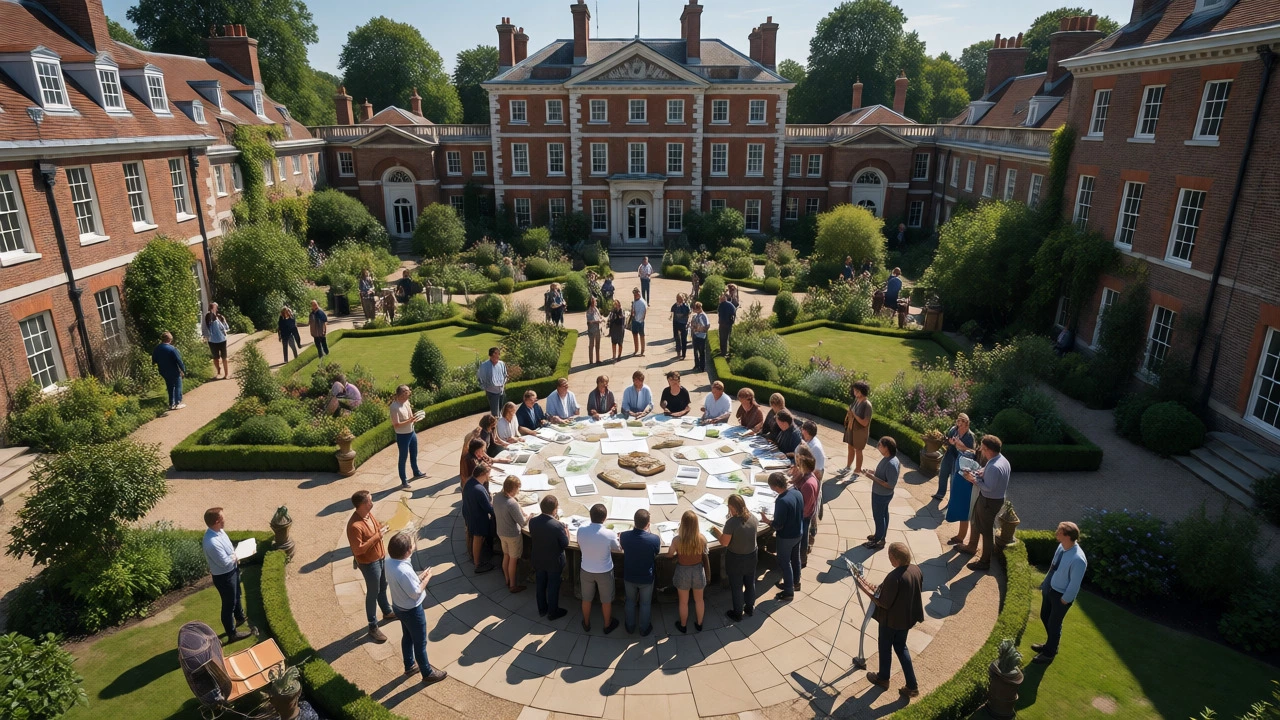 Group collaborating around a table in a historic British estate garden setting.