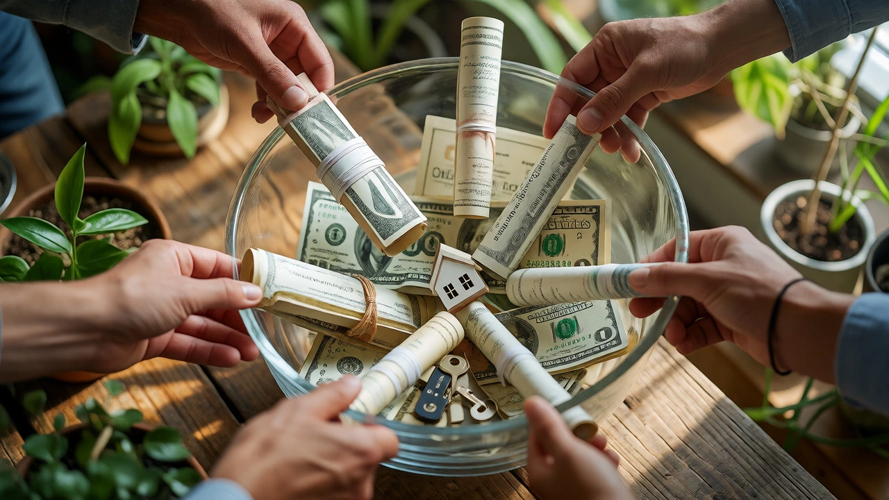 Hands placing cash, stocks, and keys into a transparent bowl