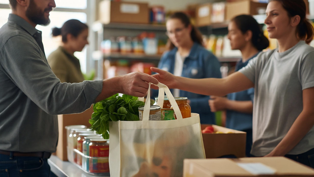 Hands receiving a bag of fresh produce and canned goods at a food bank