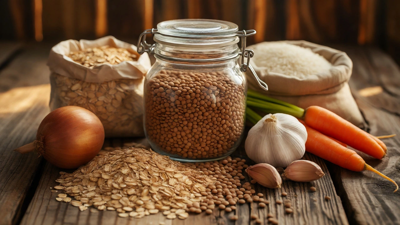 Jar of lentils, oats, and rice alongside fresh vegetables on a wooden table