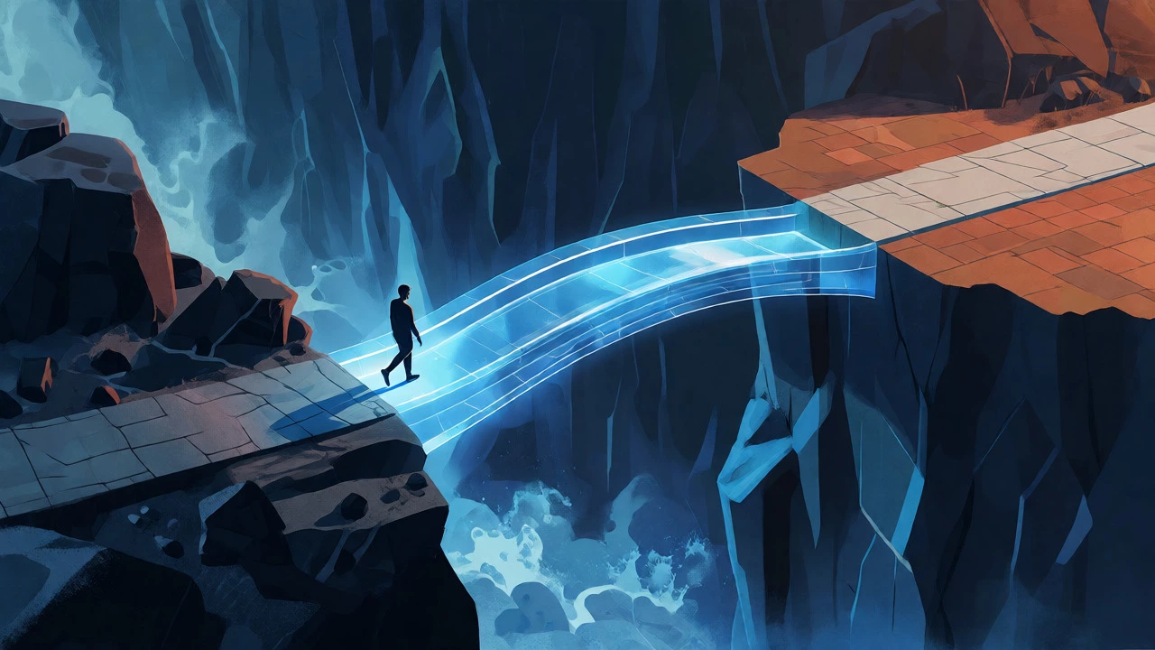 Person walking across a glowing bridge over a dark chasm